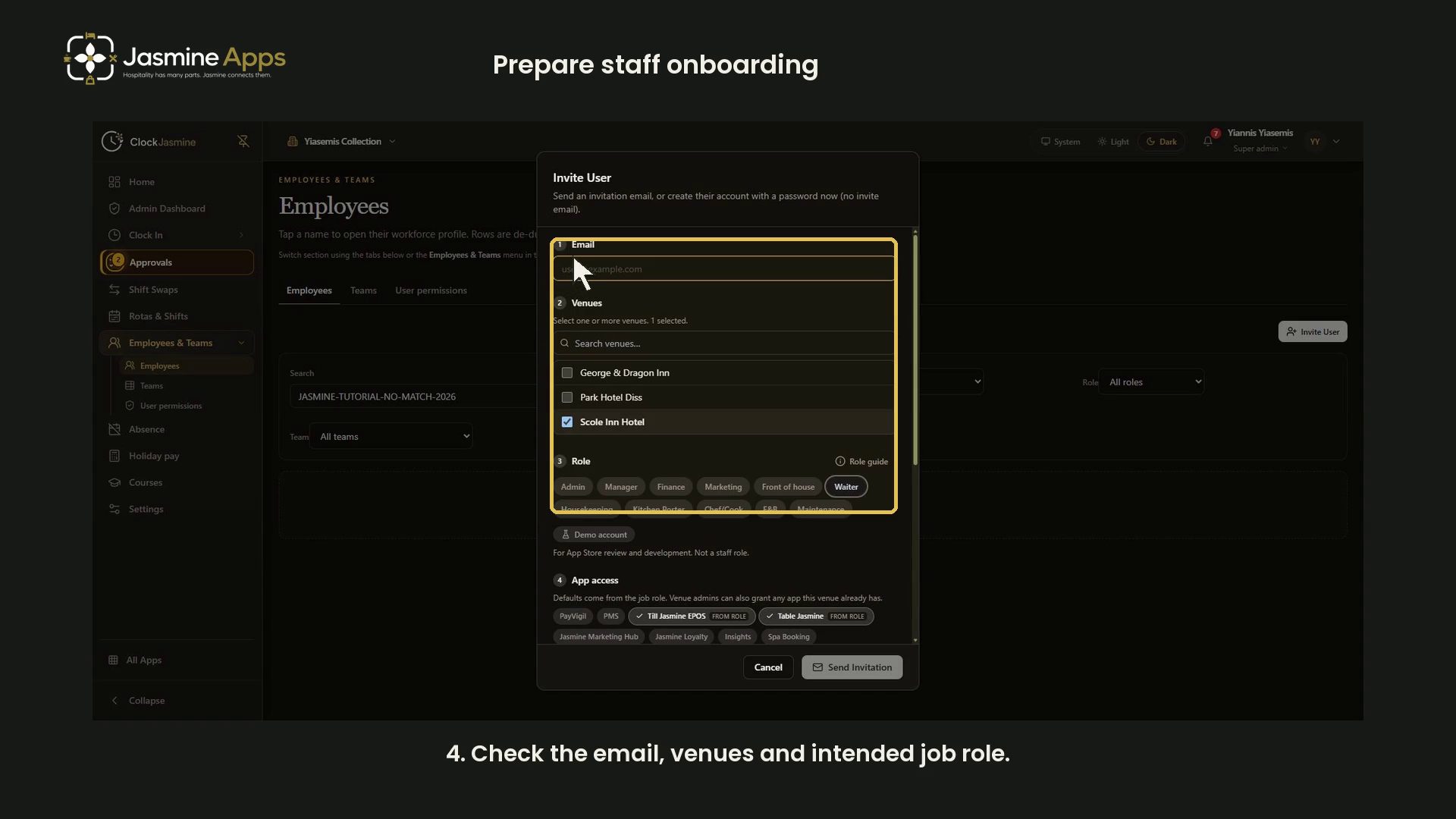 Dark-mode Clock Jasmine staff-onboarding walkthrough showing the complete invitation form, clear gold highlights and clean Jasmine Apps branding.