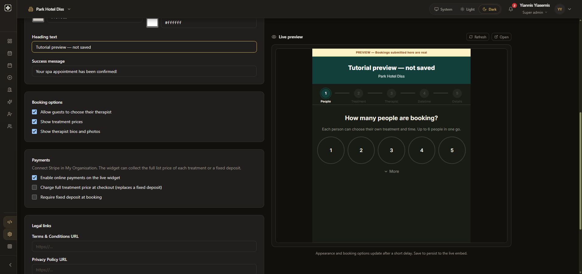 Dark-mode booking and payment options beside the unsaved widget preview; live settings remain unchanged.