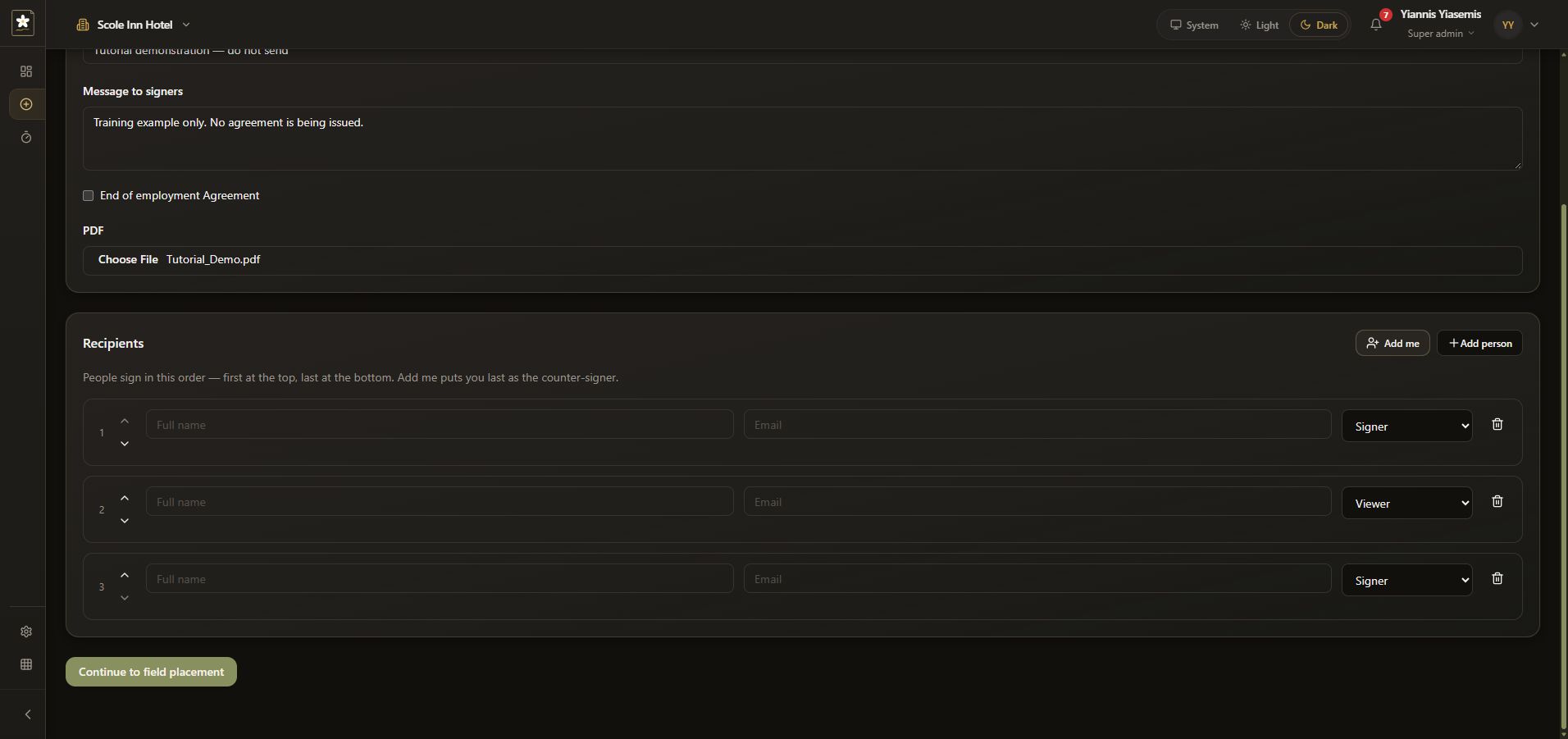 Dark-mode recipient controls showing blank Signer, Viewer and Signer rows, with Add person and remove controls visible.