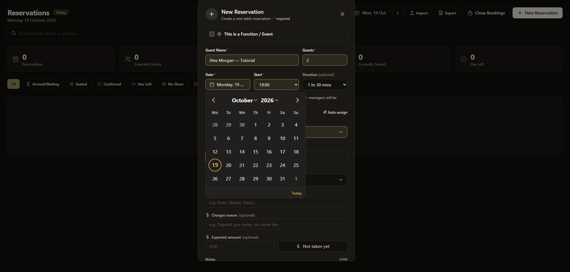The dark-theme calendar picker used to select the reservation date.