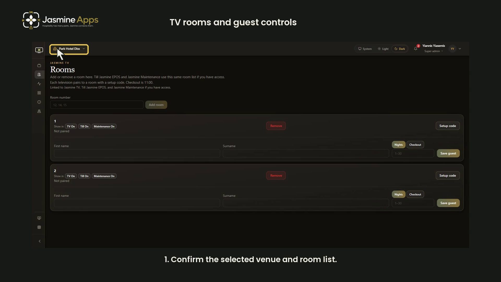 Jasmine TV rooms: review room and guest-stay controls