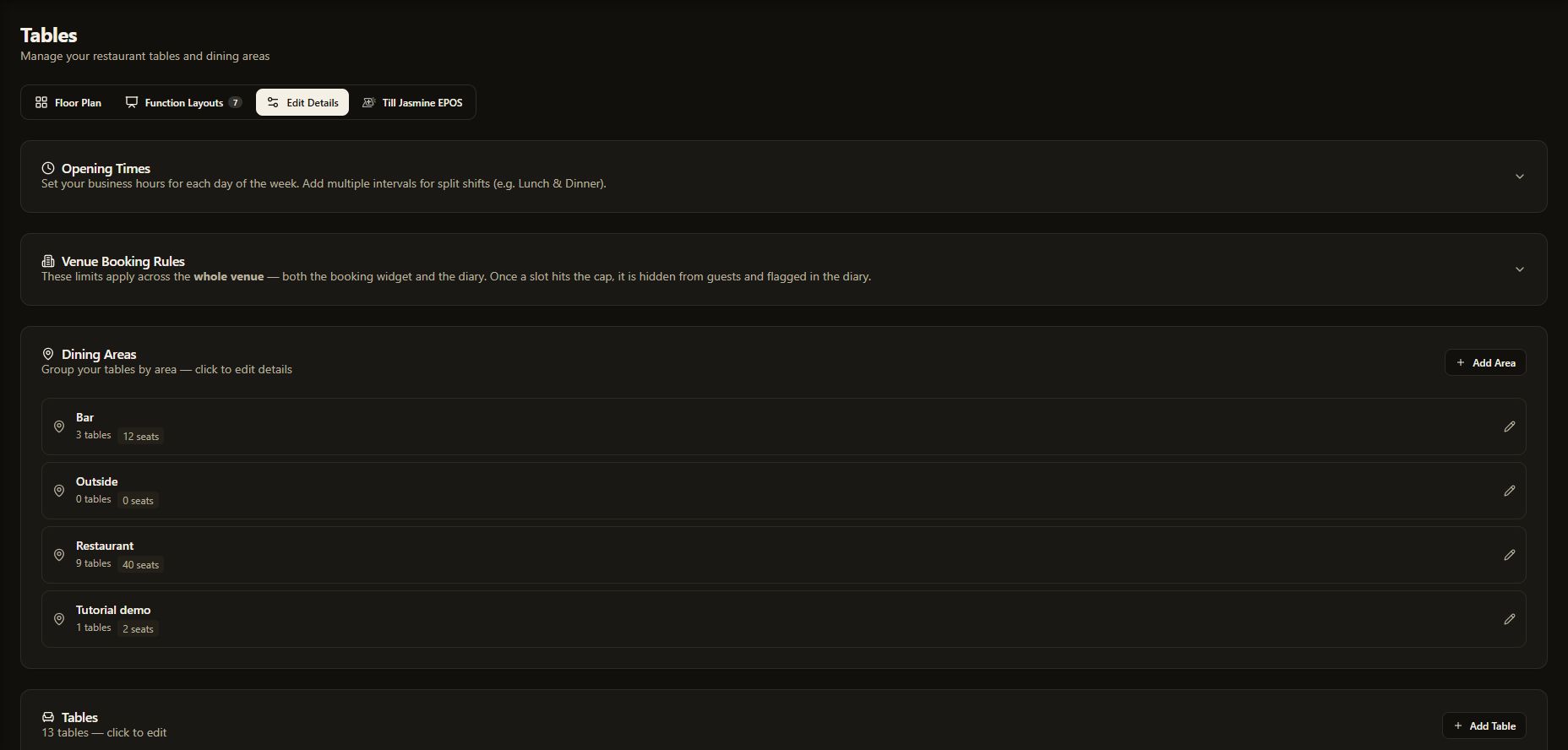 The Table Jasmine Edit Details page in dark mode, showing dining areas and table setup controls.