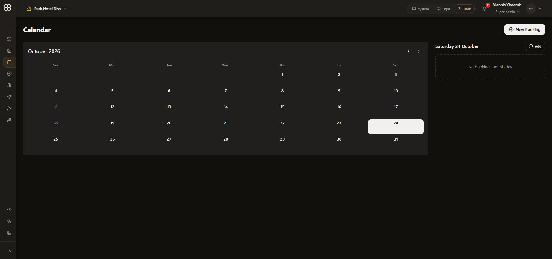 Dark-mode Spa Calendar showing October 2026 and the selected Saturday 24 October side panel.