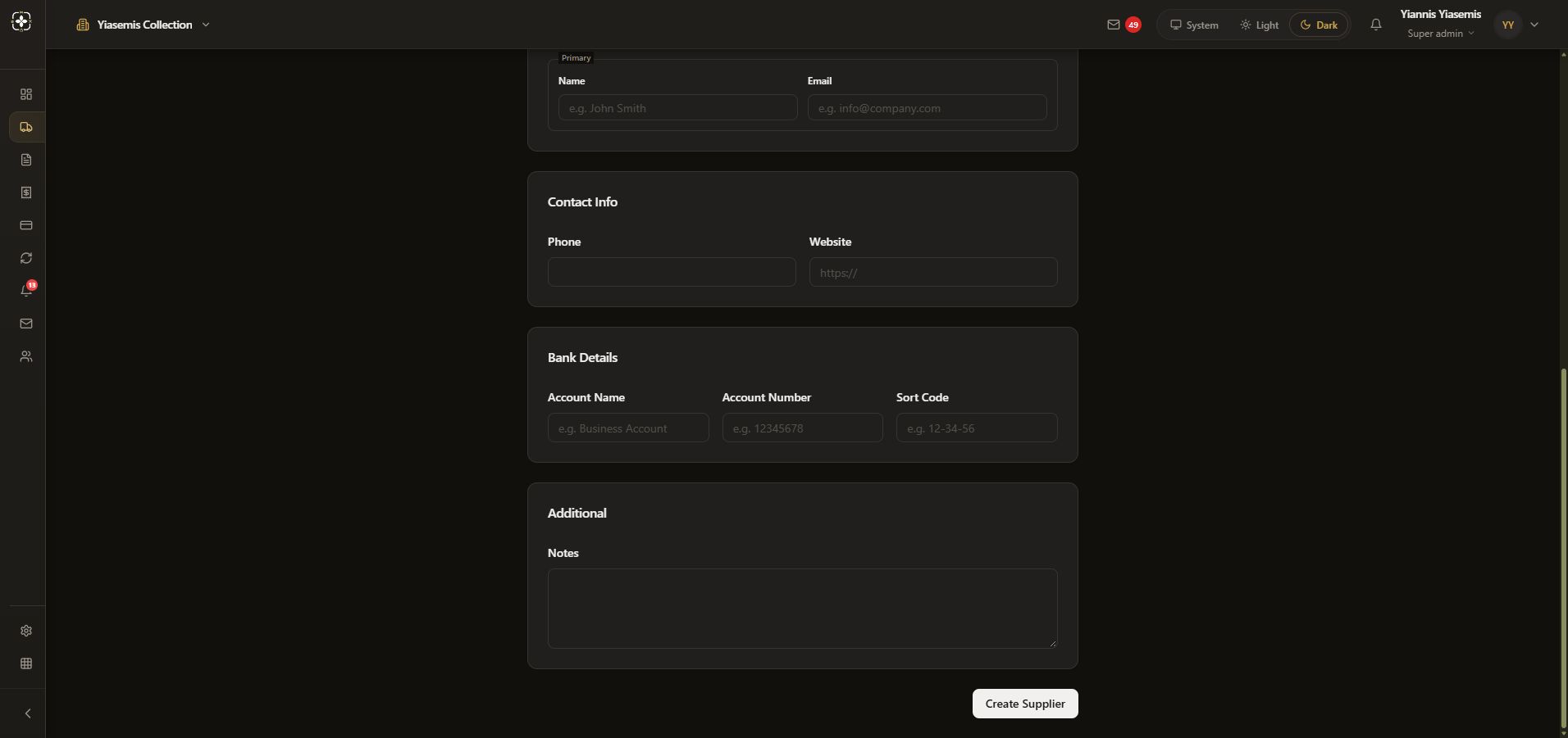 Blank bank-detail and additional-note fields in the supplier preparation form.