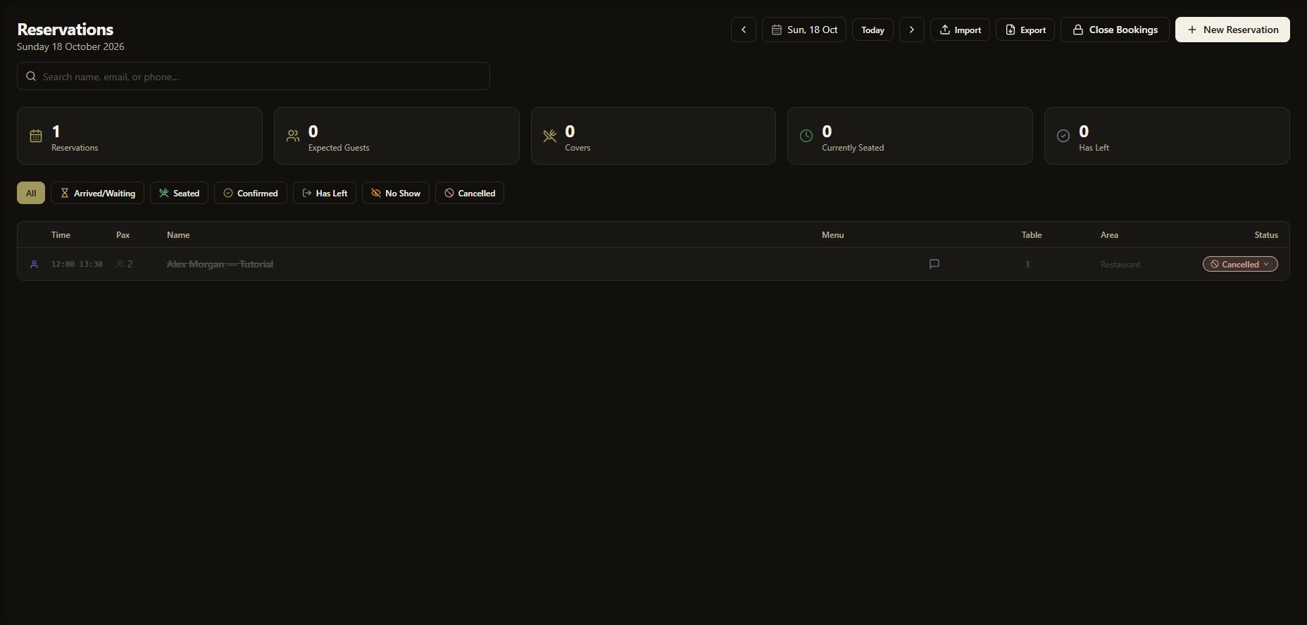 The saved tutorial booking with Cancelled shown in the reservation list.