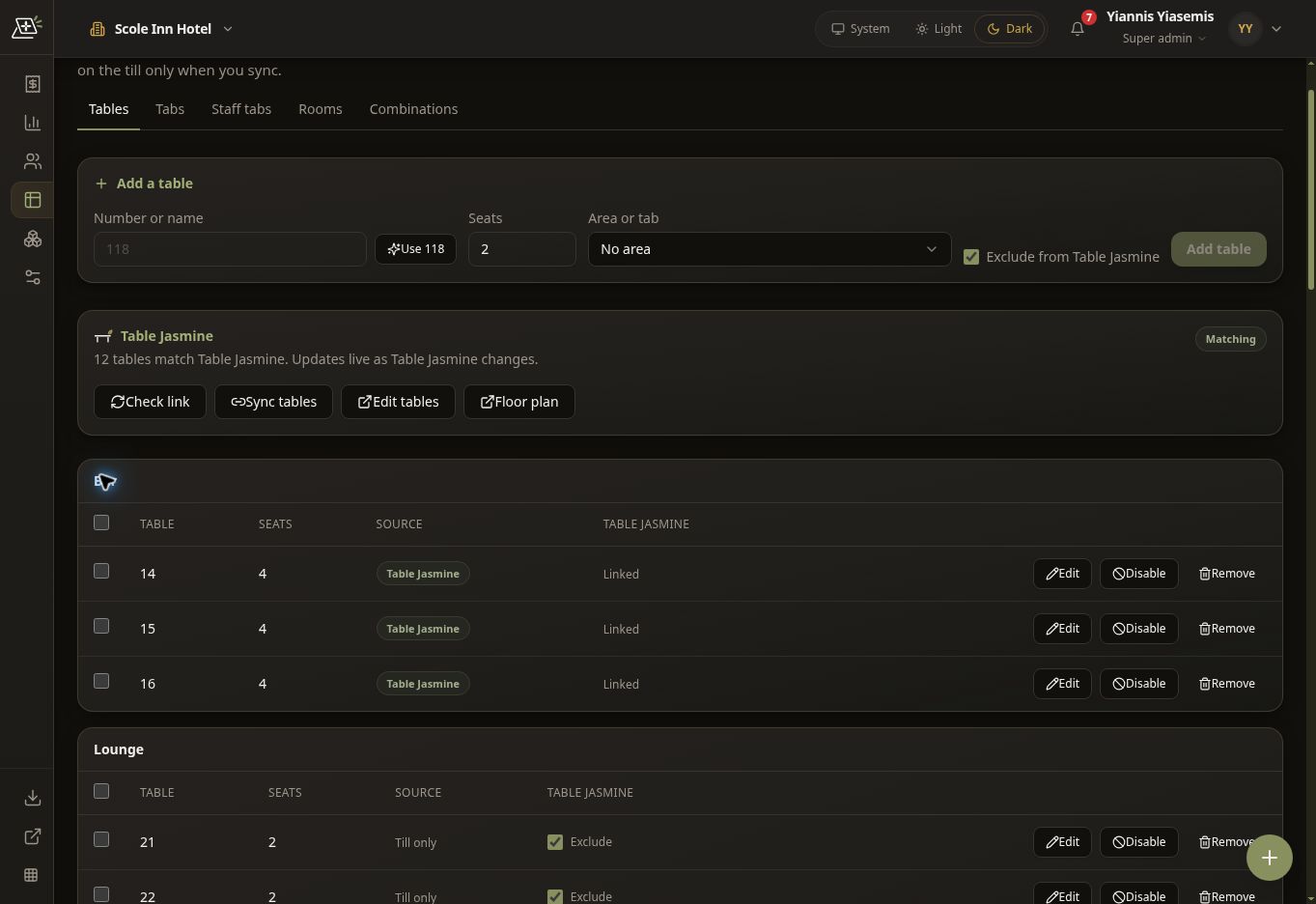 Complete dark-mode Bar table panel showing Table Jasmine as Source and Linked for tables 14, 15 and 16