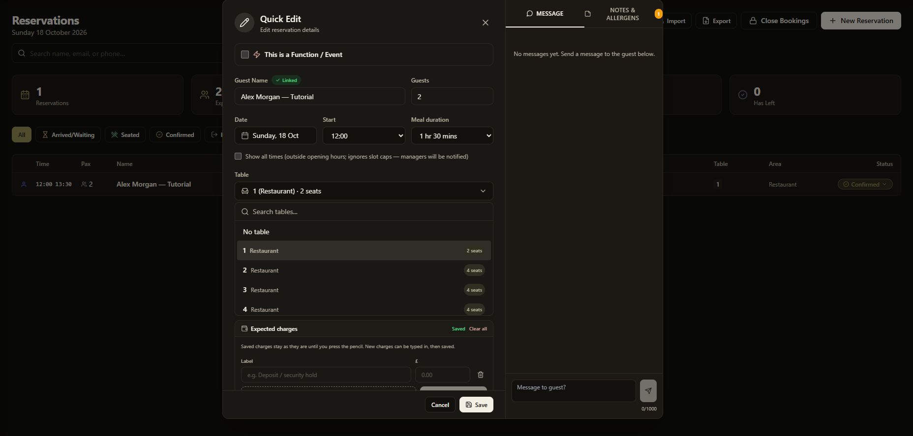 The dark-theme Table selector showing replacement tables with their areas and seating capacity.