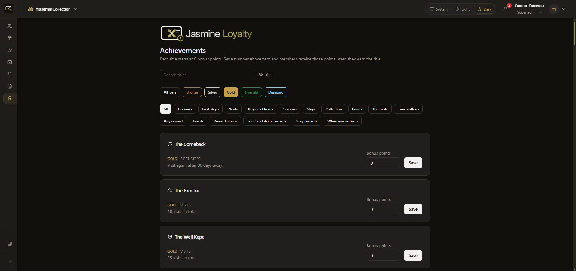 Gold-tier achievement results in dark mode, including The Comeback title.
