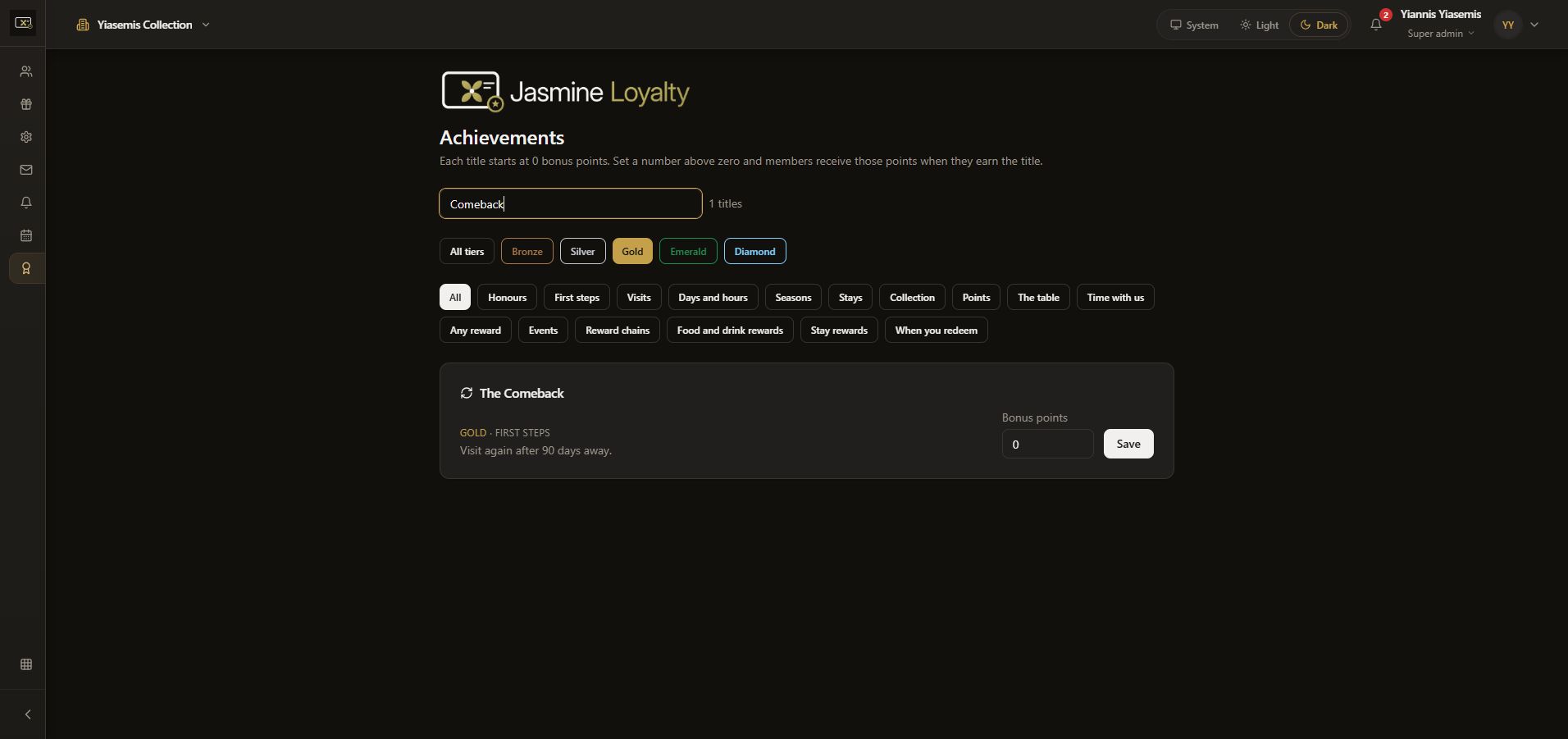 Comeback search filtered to one Gold title with zero bonus points and Save left unused.