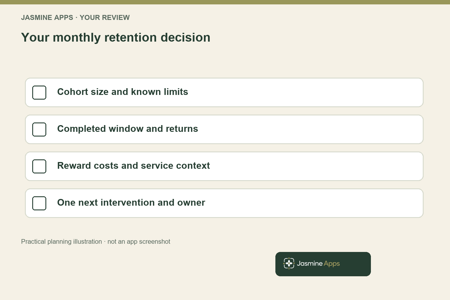 Your monthly retention decision. Practical workflow illustration; not an app screenshot.