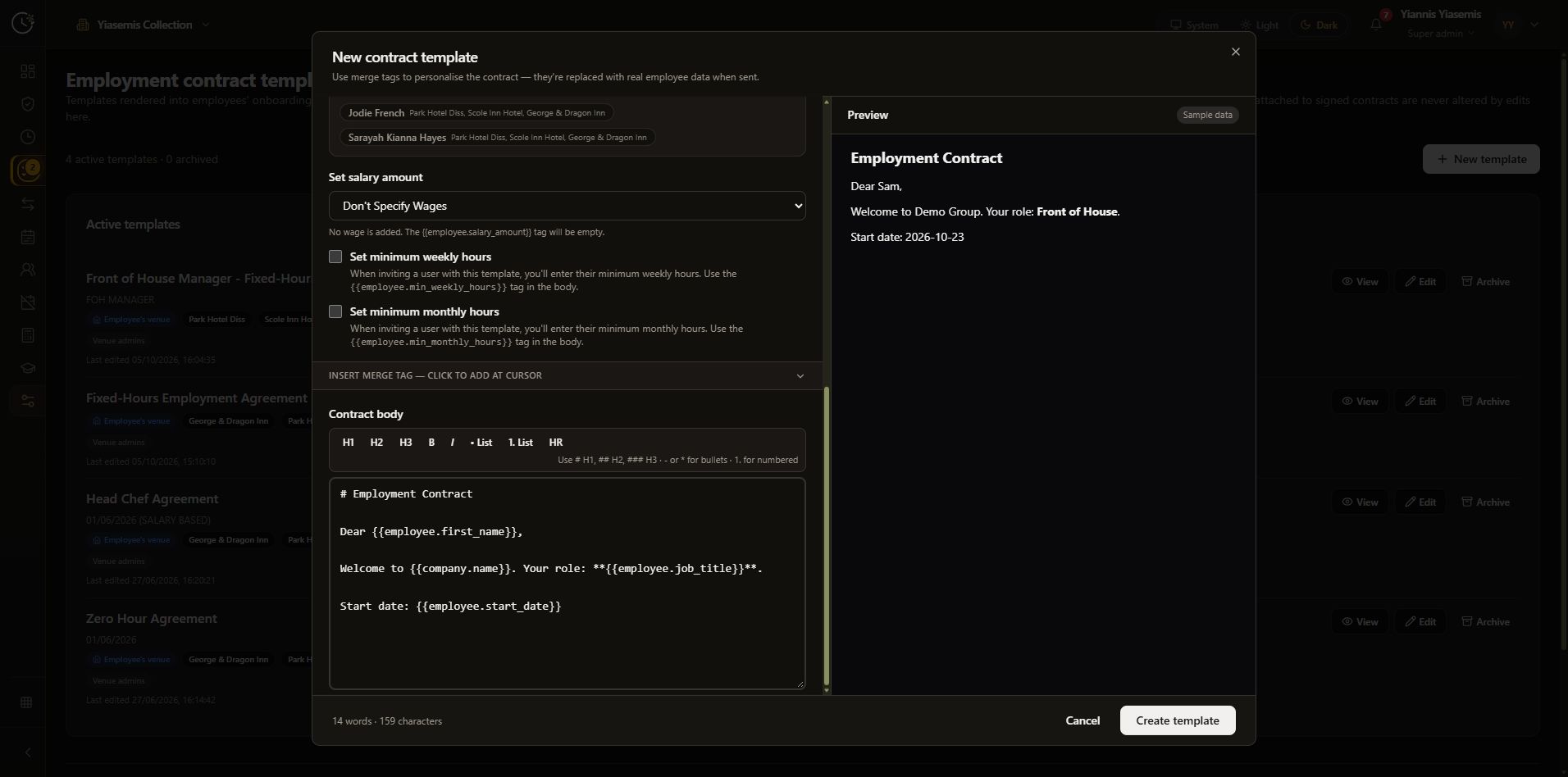 Wage and minimum-hours options above the Markdown contract body and sample preview.