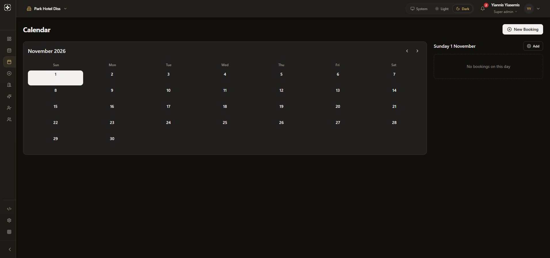 Spa Calendar with Sunday 1 November selected and its empty booking panel.