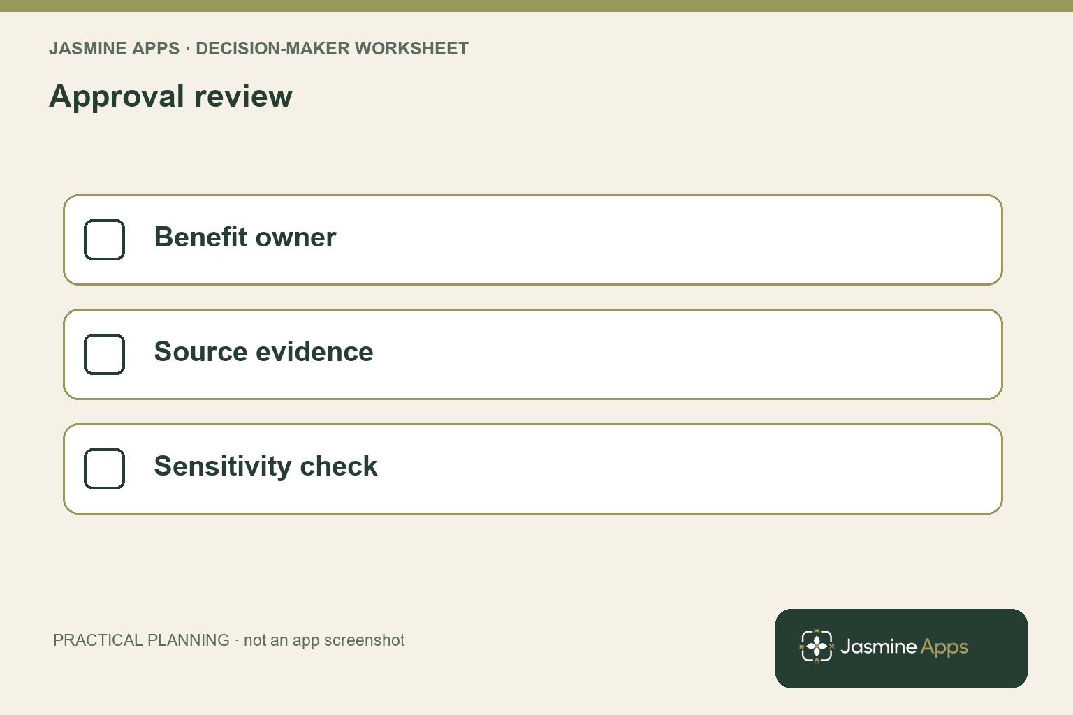 Approval review: Benefit owner; Source evidence; Sensitivity check. A practical planning illustration.