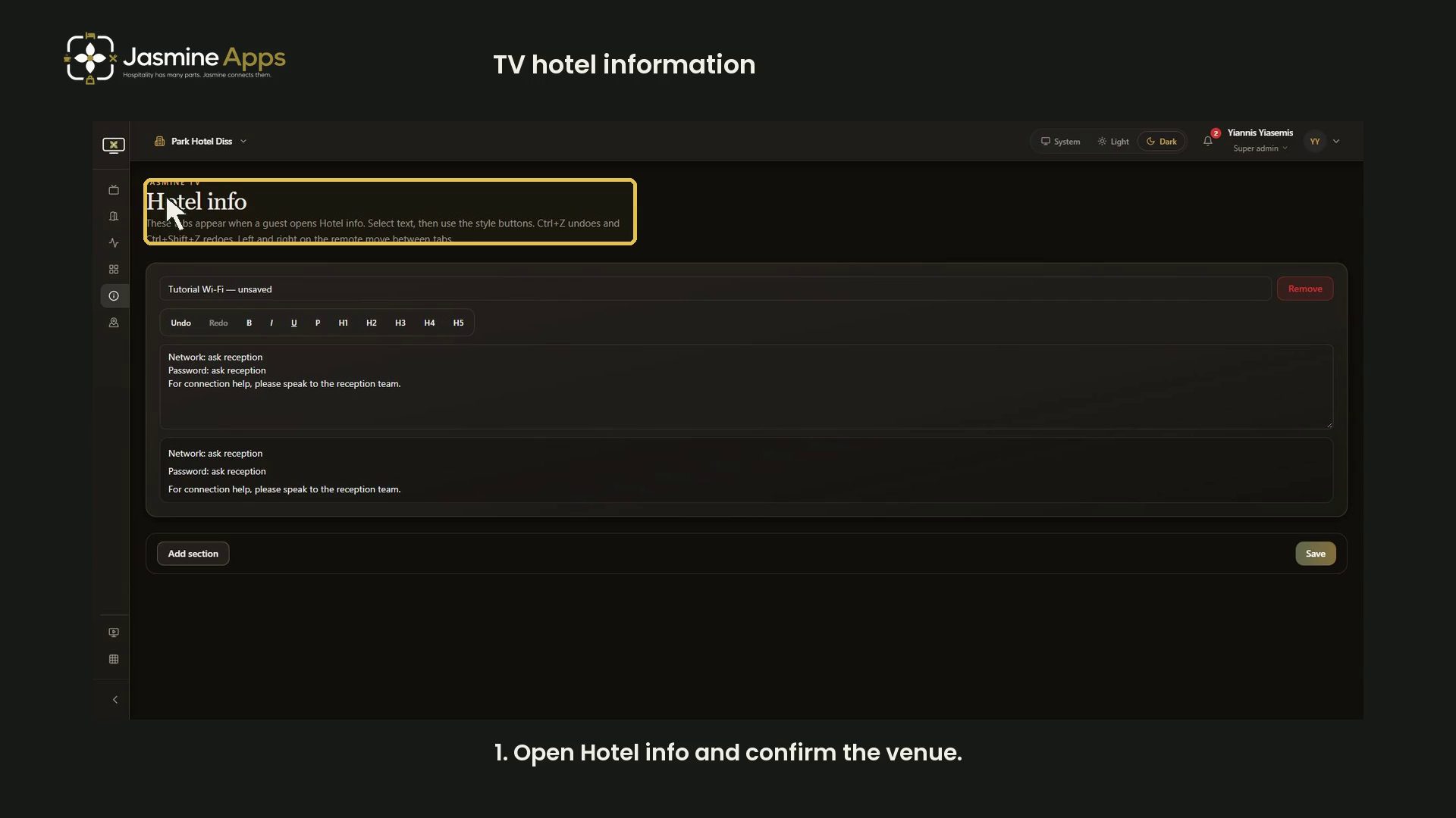 Jasmine TV Hotel info: sections, formatting and preview