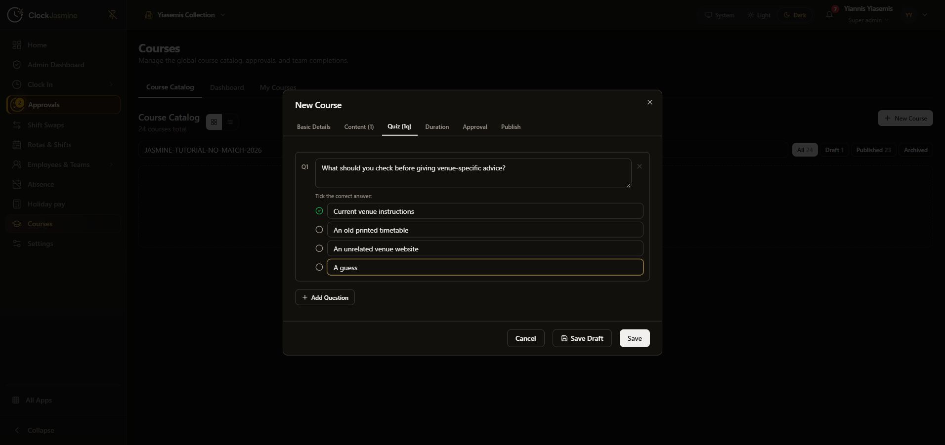Complete dark-mode Quiz tab showing a sample question, four choices and the green correct-answer marker