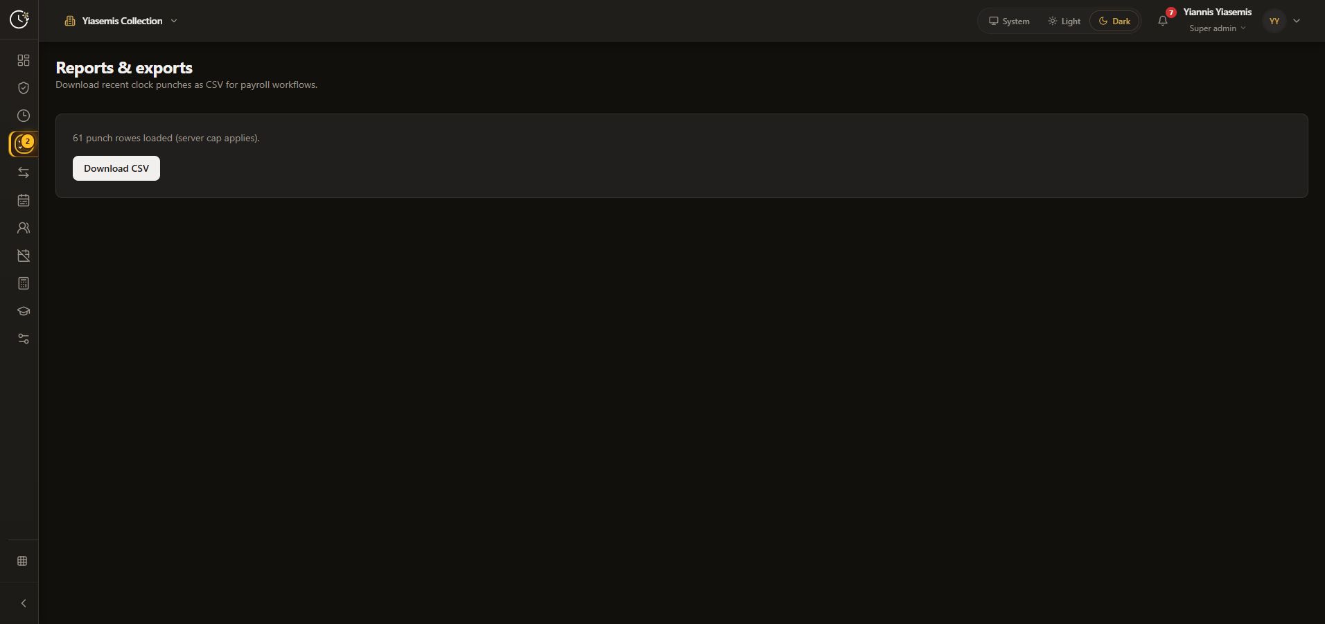 Complete dark-mode Clock Jasmine Reports and exports page with loaded-row count, server-cap notice and Download CSV