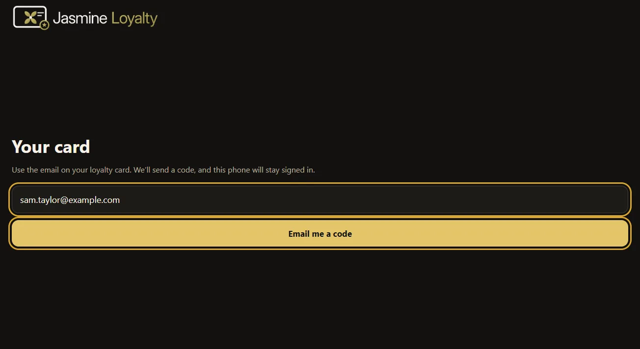 Existing clean dark-mode Jasmine Loyalty sign-in example using an example.com address; no code requested.