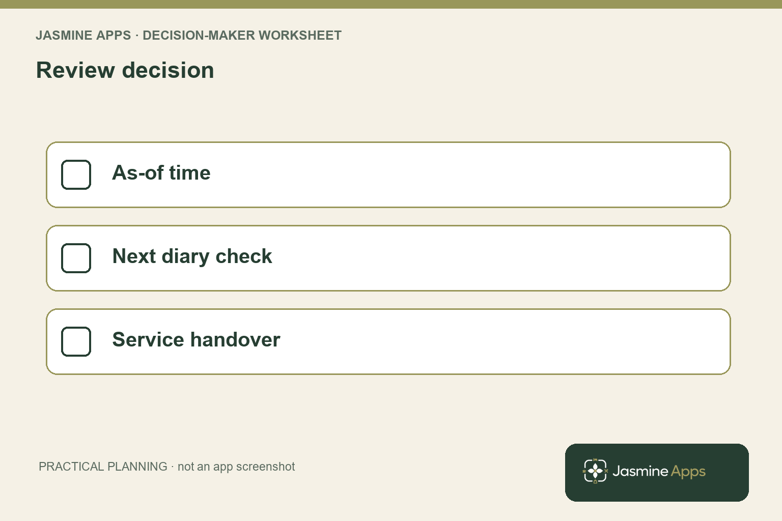 Review decision: As-of time; Next diary check; Service handover. A practical planning illustration.
