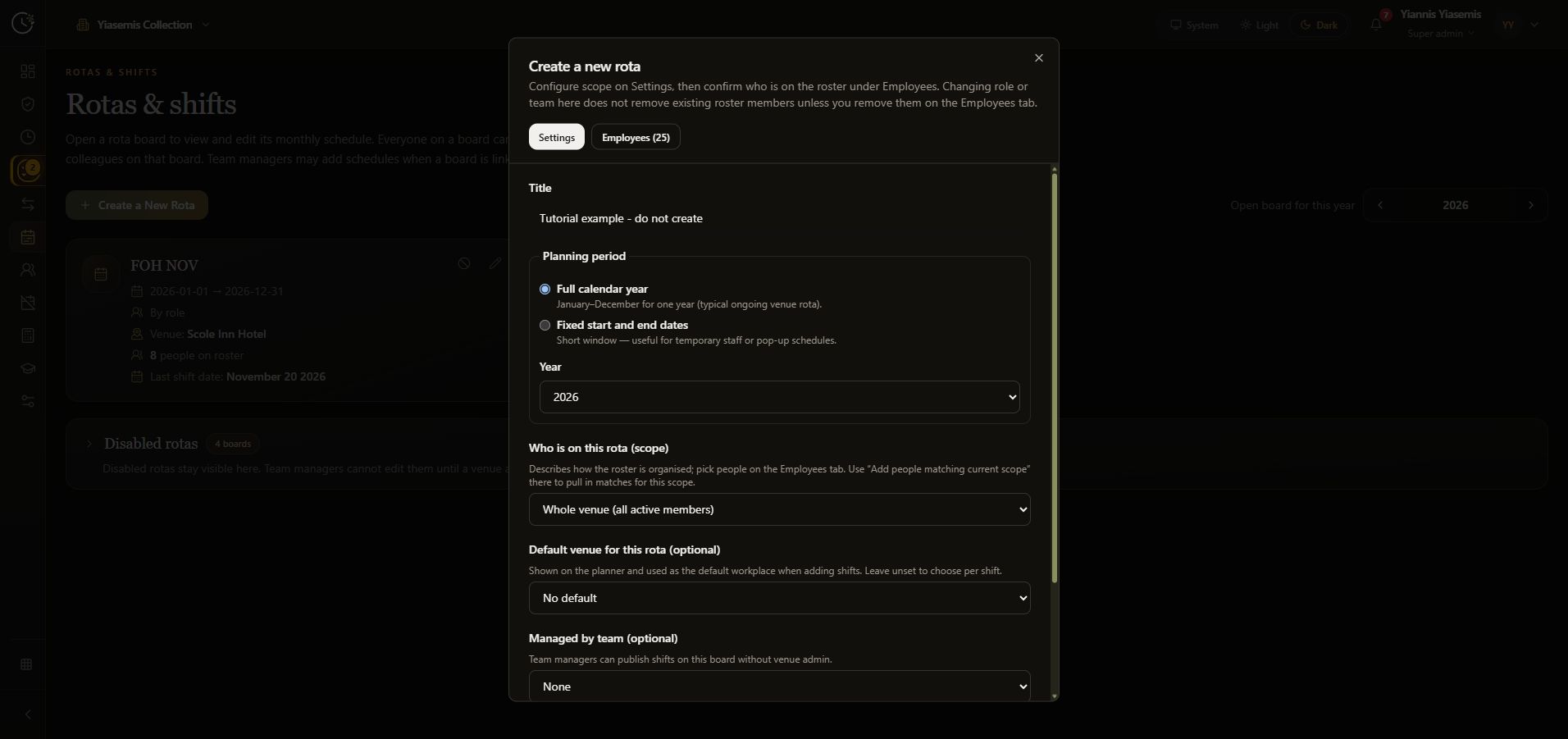 Complete dark-mode new rota dialog showing its title and annual planning controls