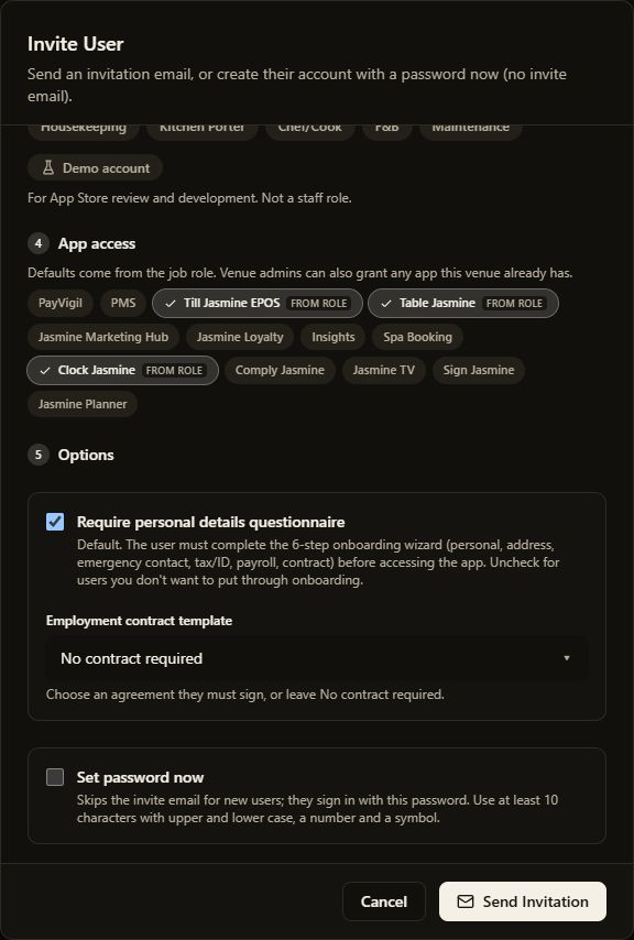 Dark-mode invitation showing FROM ROLE app access, the personal-details questionnaire, contract selection and Cancel button.