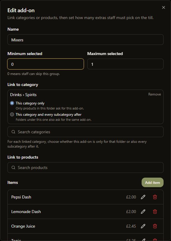 Complete Edit add-on dialog showing the Mixers group, its category scope choices and existing item controls