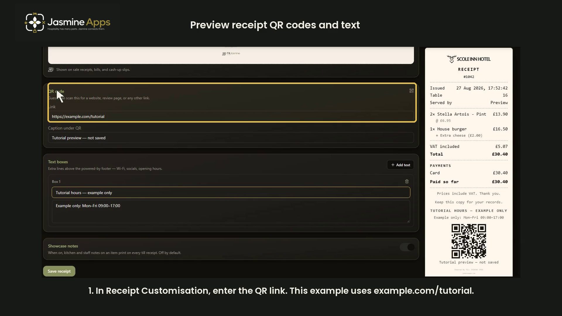 Till Jasmine: customise receipt QR codes and text