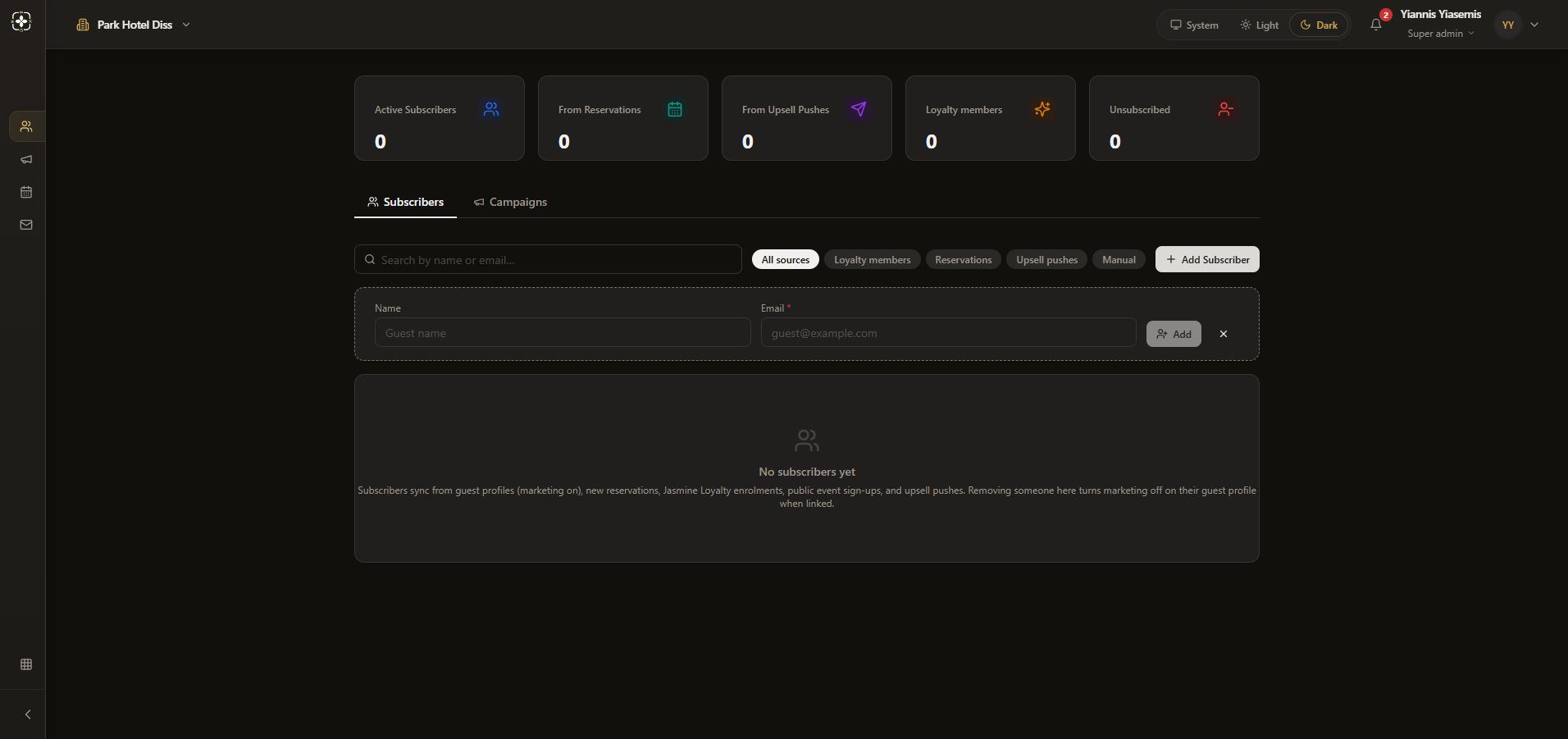 Blank subscriber form with Name and Email fields and disabled Add button.