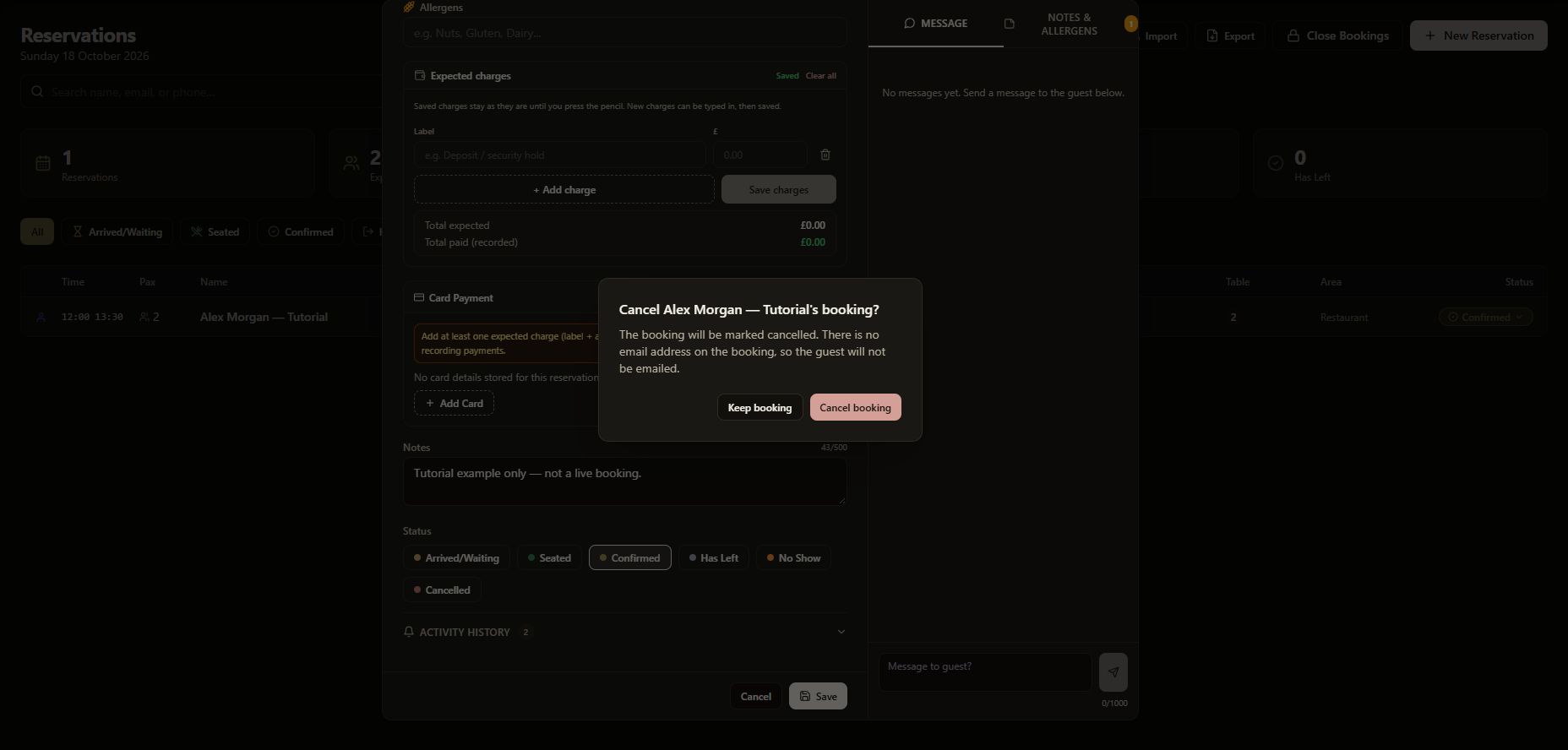 The cancellation confirmation showing Cancel booking, Keep booking and the guest-email notice.