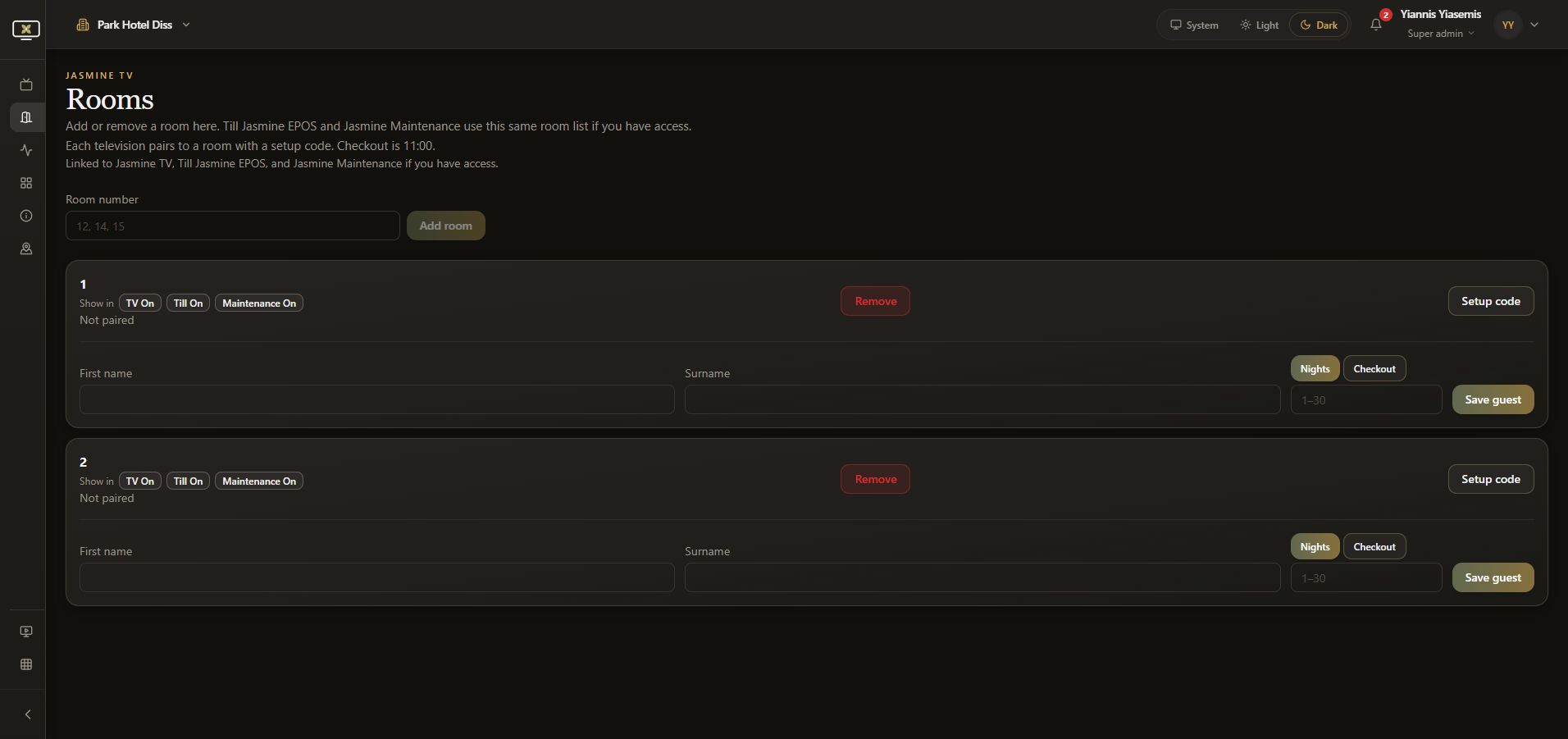 Full dark-mode Jasmine TV Rooms page showing two unpaired rooms with empty guest fields.