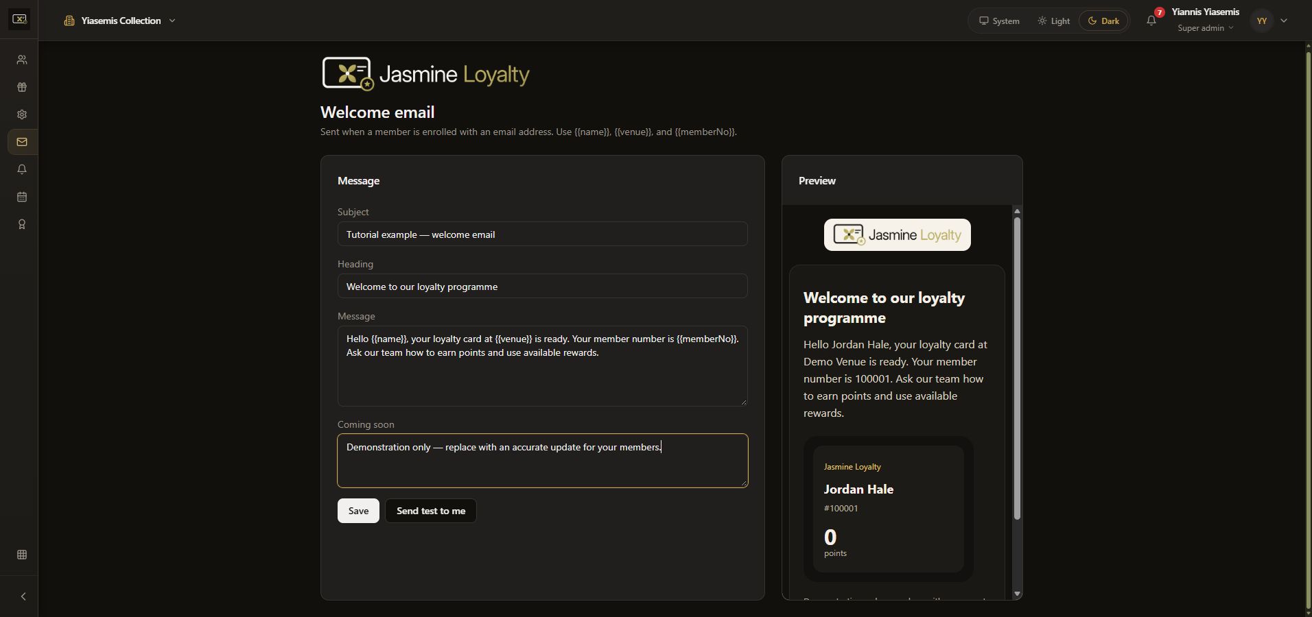 Unsaved welcome message with supported placeholders and sample values in the preview.