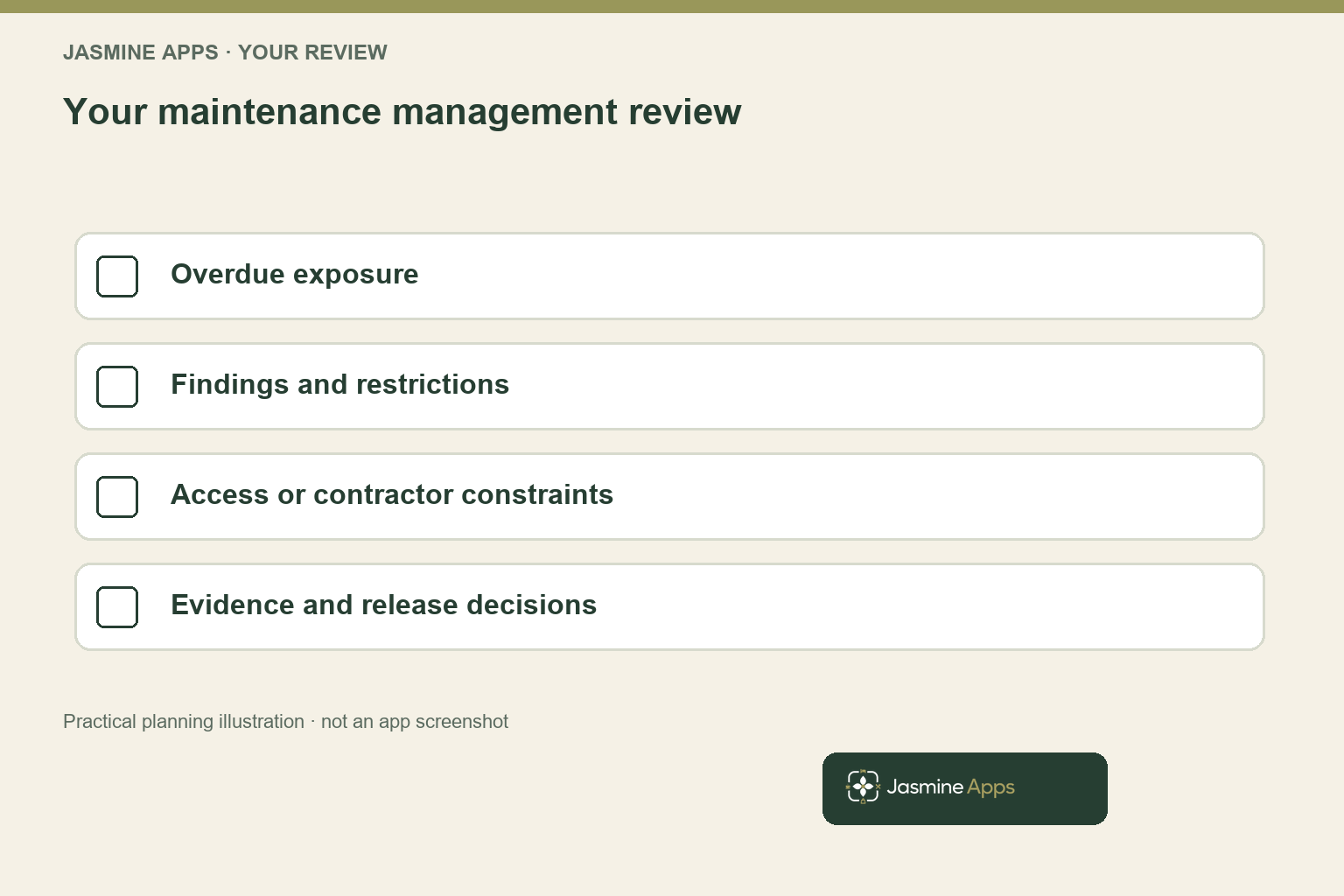 Your maintenance management review. Practical workflow illustration; not an app screenshot.
