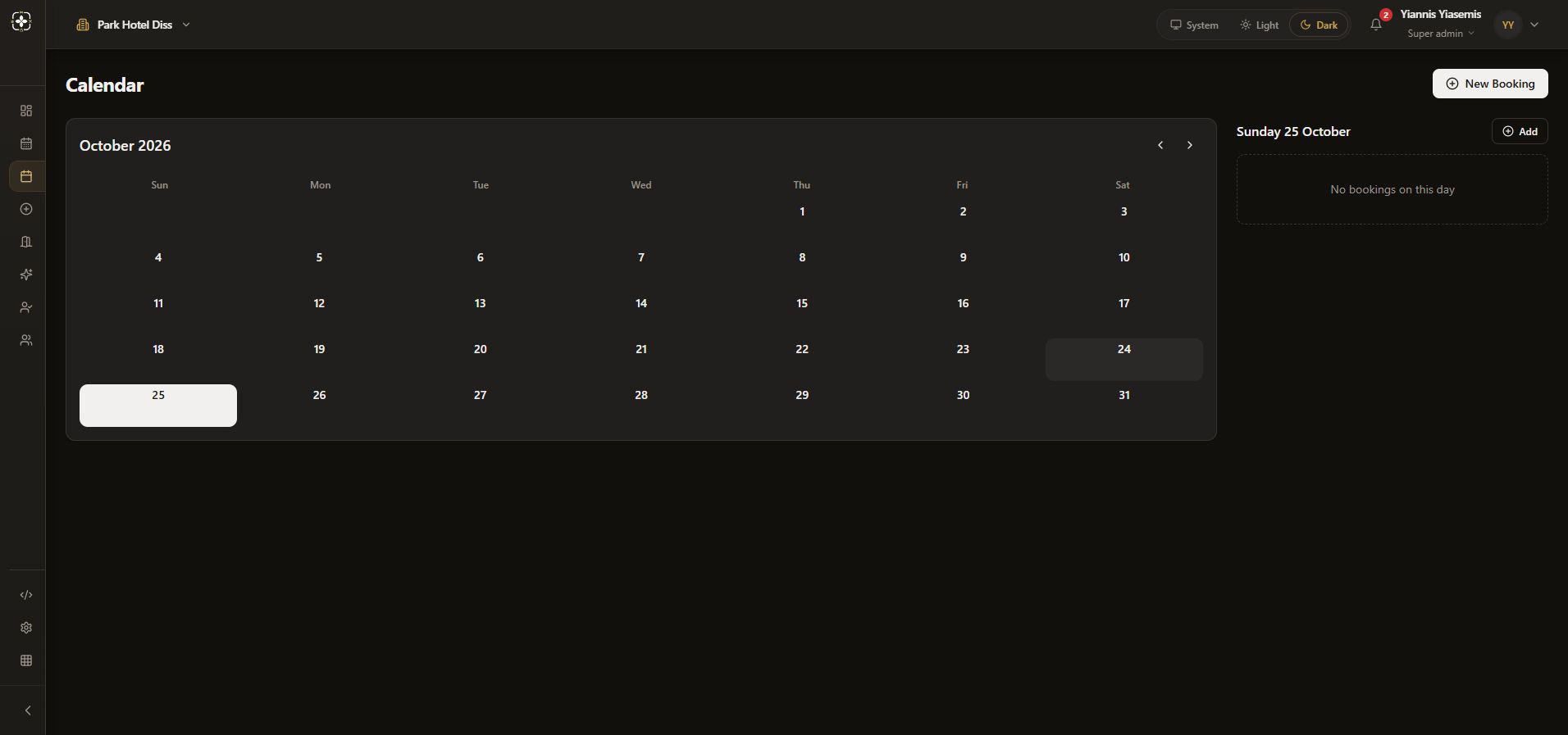 Spa Calendar after selecting Sunday 25 October, with no bookings in its side panel.