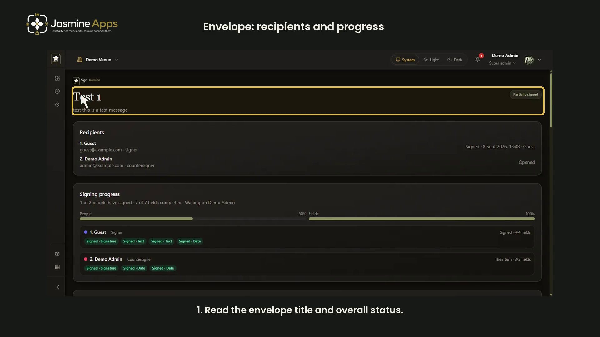 Sign Jasmine envelope: read recipients and signing progress