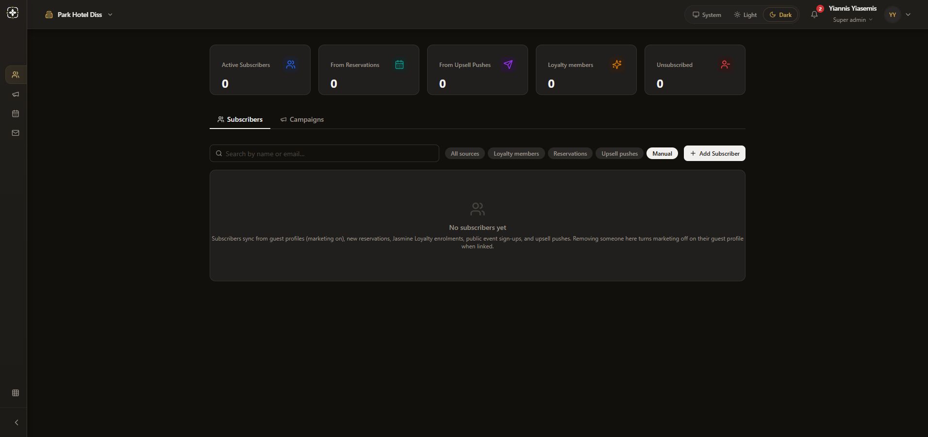Dark-mode subscriber list with the Manual source filter selected and no matching subscribers.