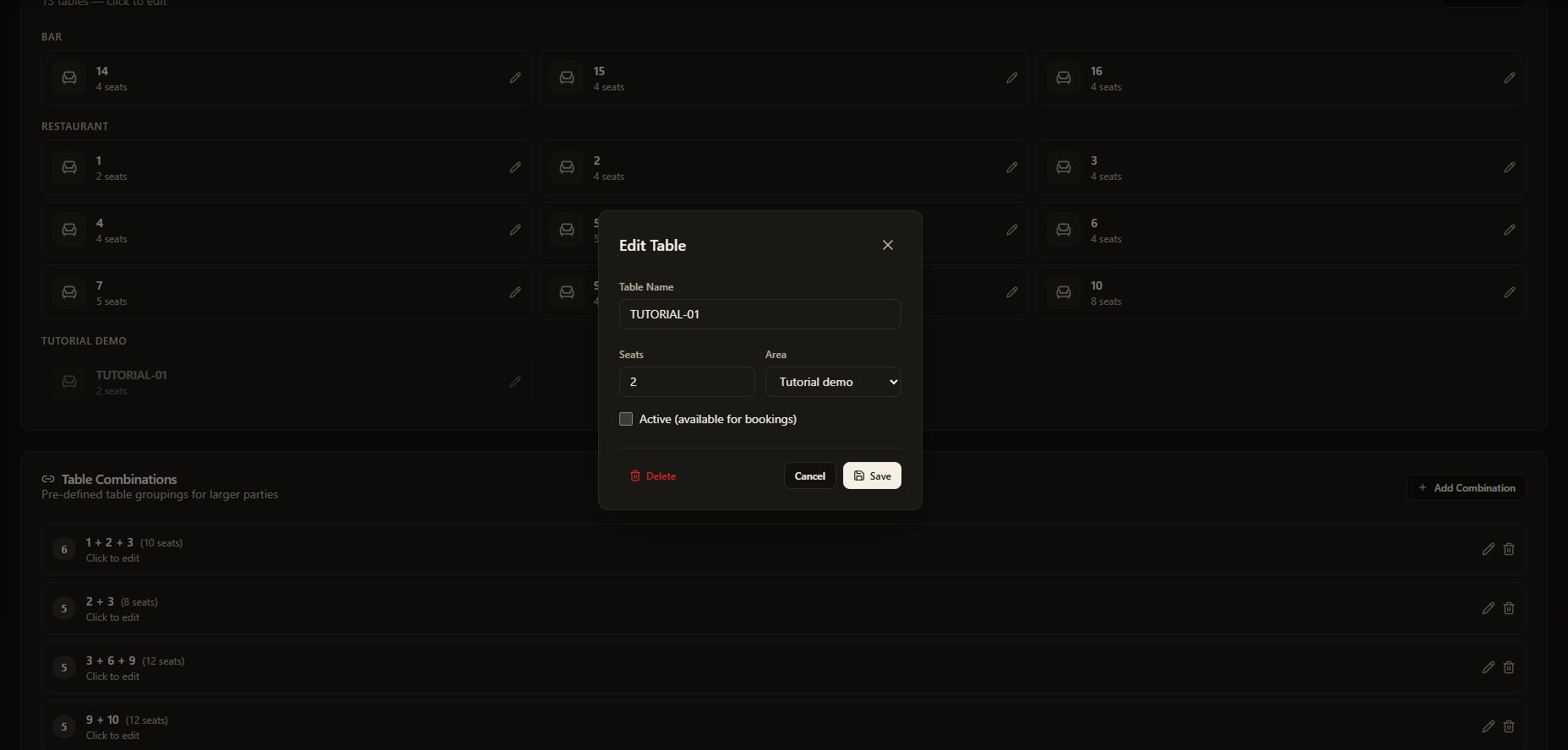 The dark-mode Edit Table form with its name, seats, area and Active checkbox switched off.