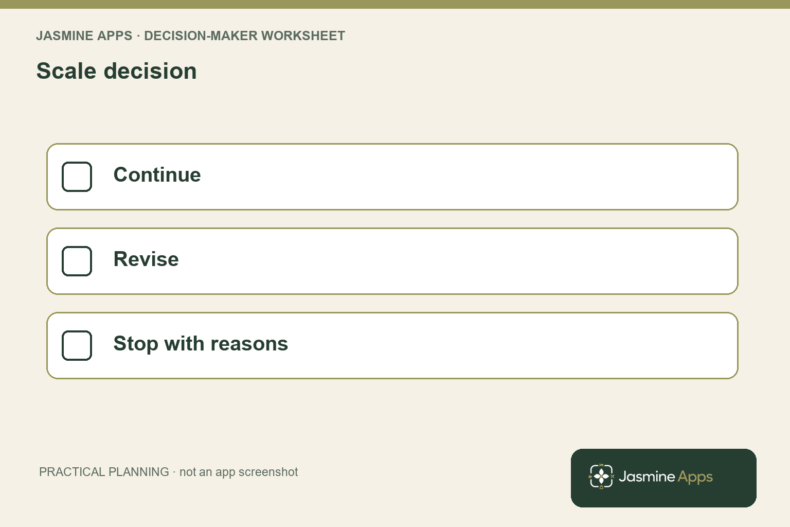 Scale decision: Continue; Revise; Stop with reasons. A practical planning illustration.
