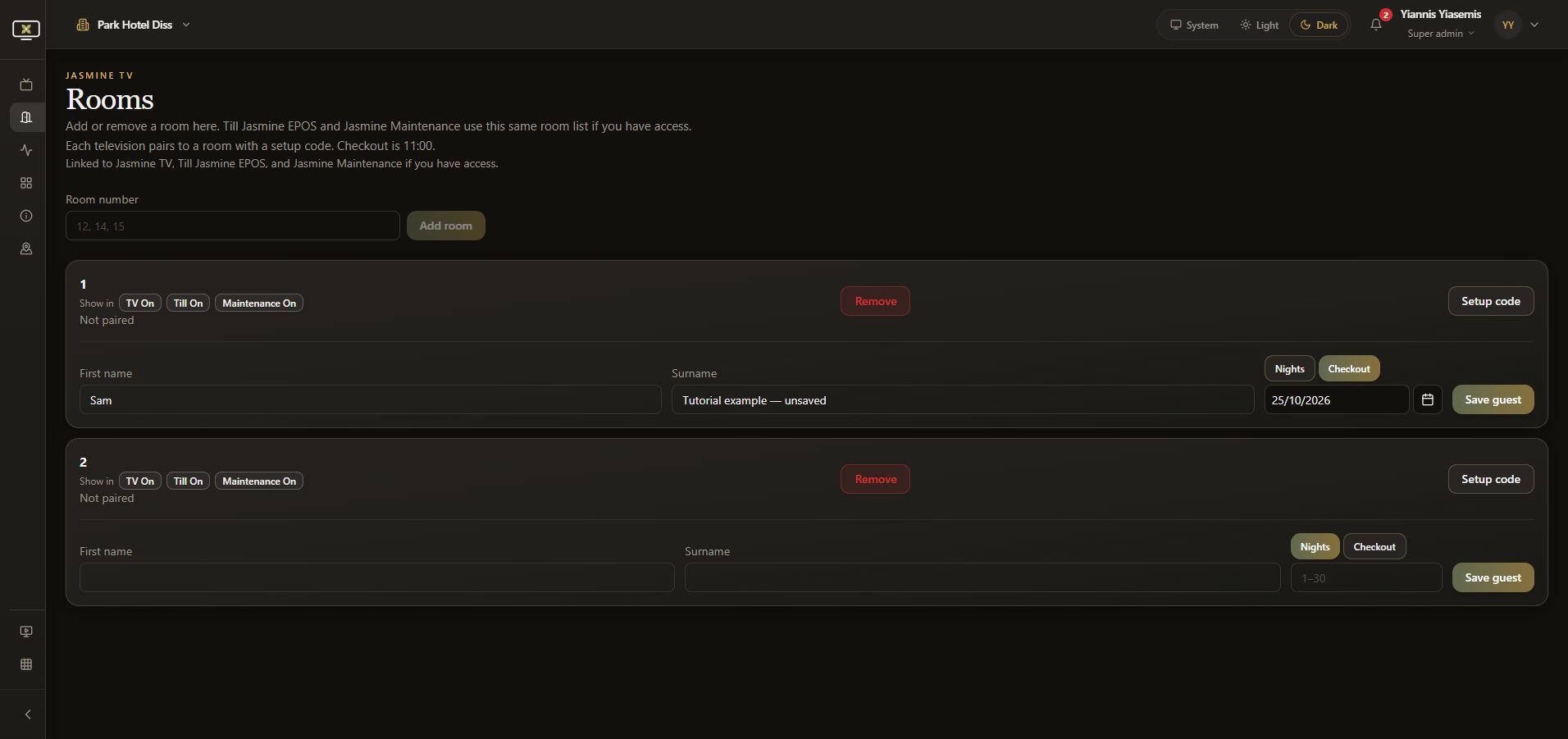 Checkout date input shown instead of Nights, with the guest example still unsaved.