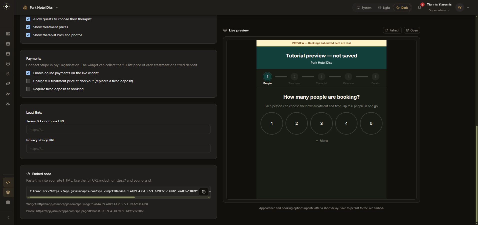 Dark-mode widget legal-link fields and generated embed code for the selected venue.