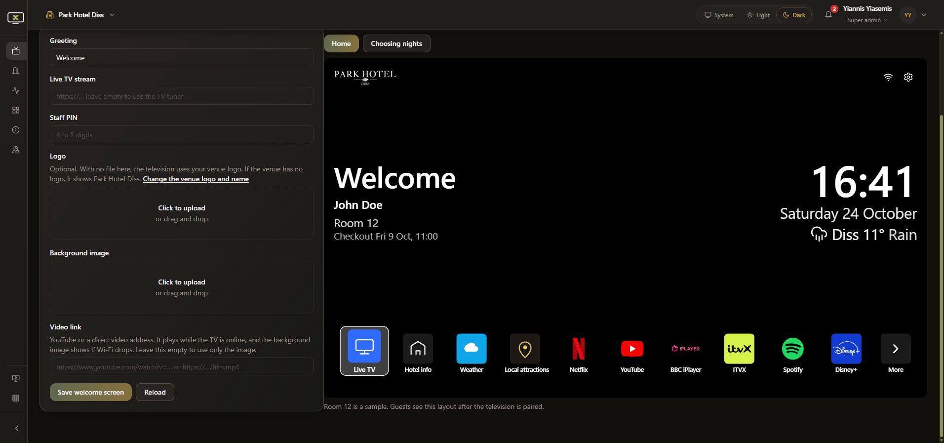 Restored welcome settings showing the original Welcome greeting and unchanged sample television preview.