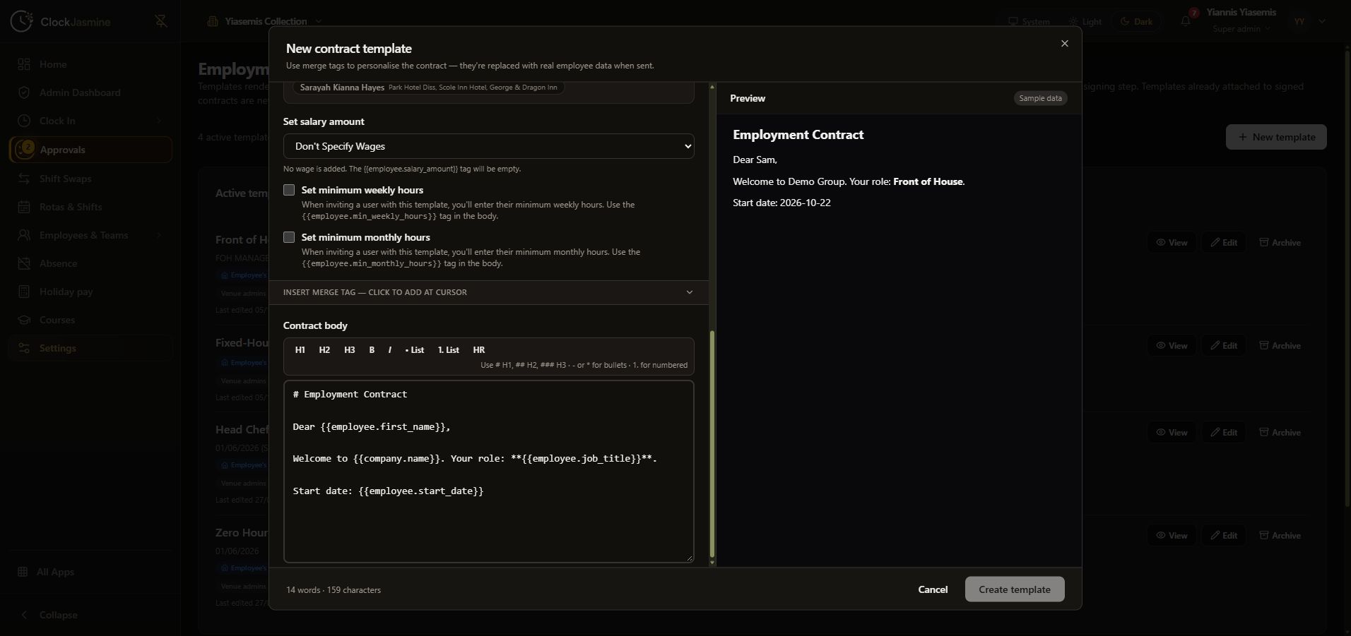 Complete dark-mode New contract template editor showing merge tags and a sample-data preview