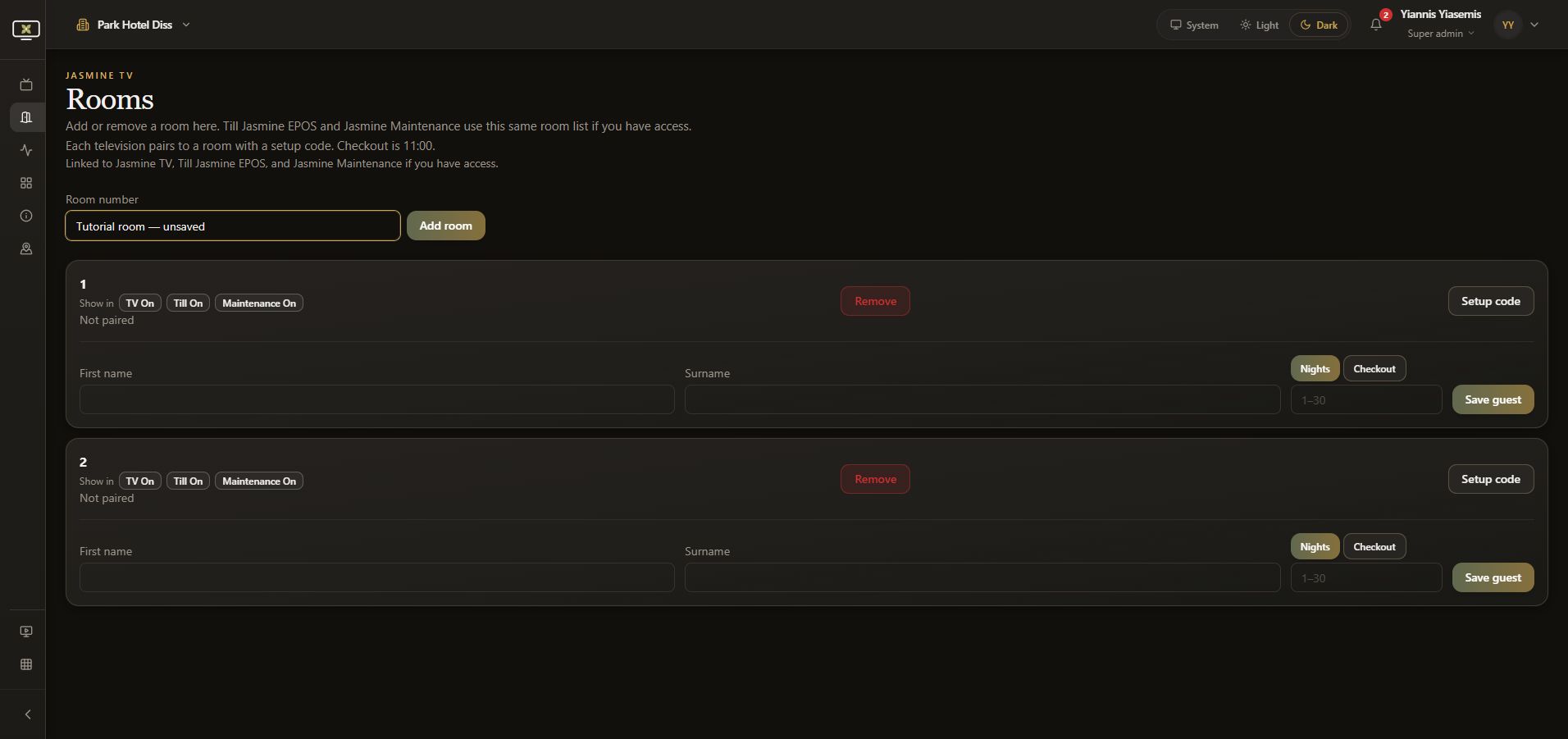 Room number field with an unsaved tutorial value beside Add room.