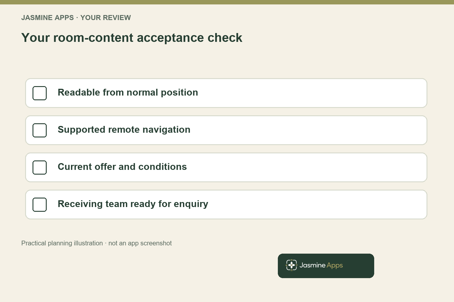 Your room-content acceptance check. Practical workflow illustration; not an app screenshot.
