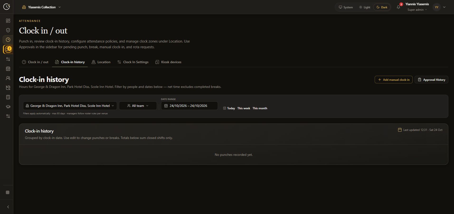 Dark-mode Clock-in history filtered to Today with venue, people and date controls and no punches recorded.