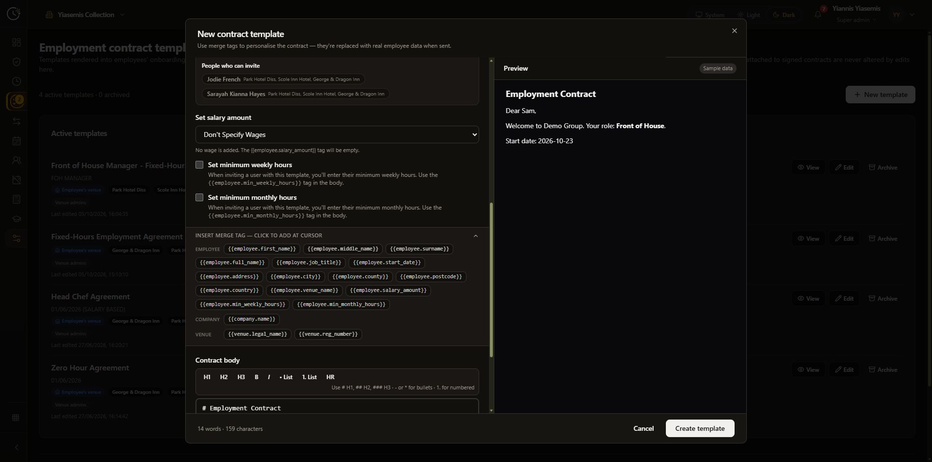 Expanded merge-tag menu with employee, company and venue placeholders.