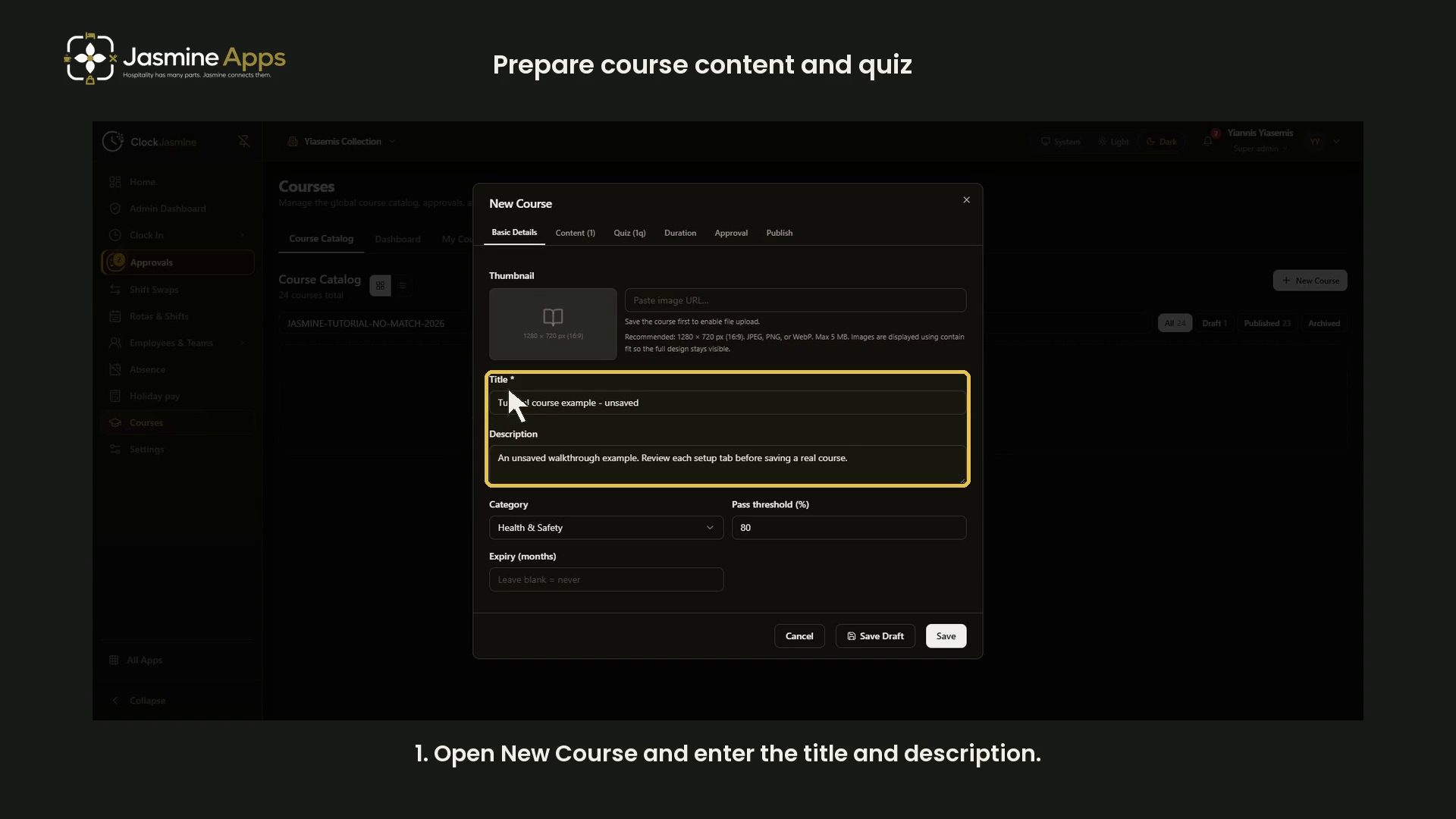 Clock Jasmine: prepare course content and a quiz