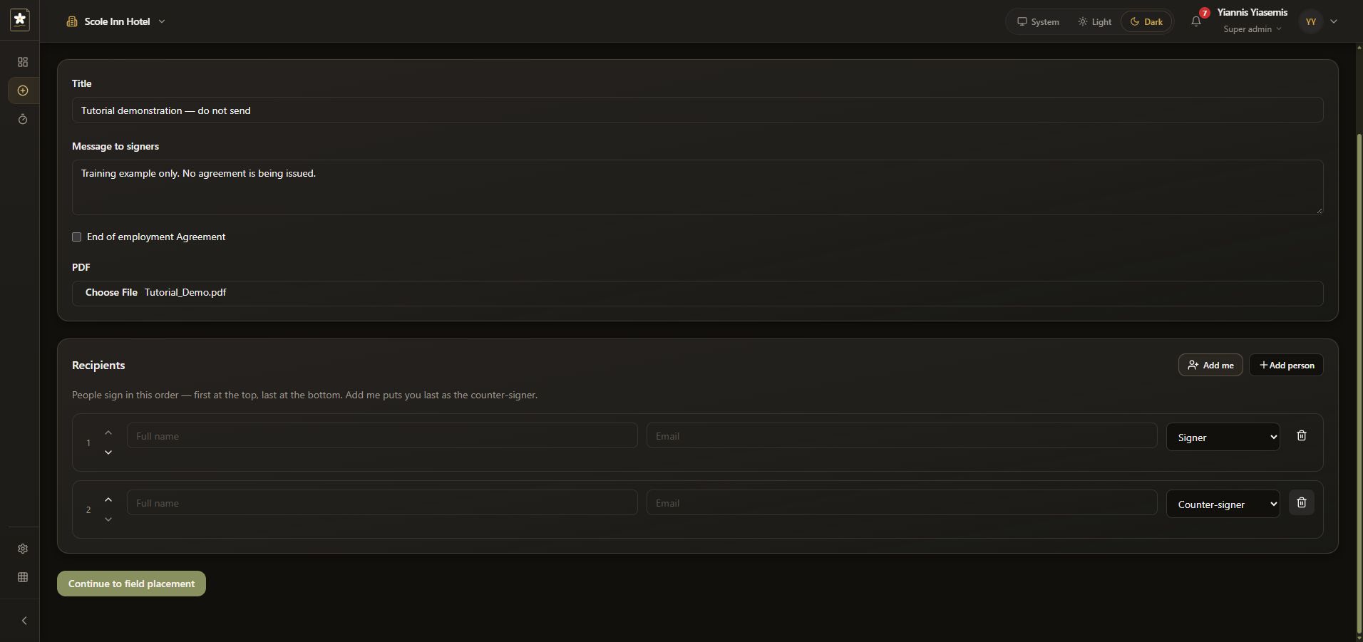 Dark-mode envelope preparation screen with two blank recipient rows and Continue to field placement visible.