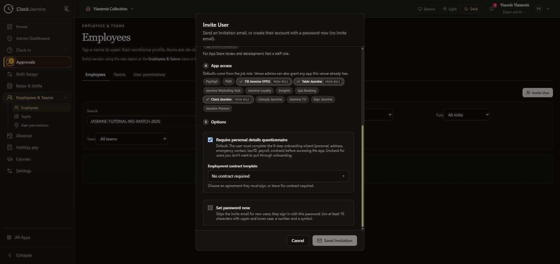 Complete lower invitation view showing App access, personal-details questionnaire, contract selector and final action buttons