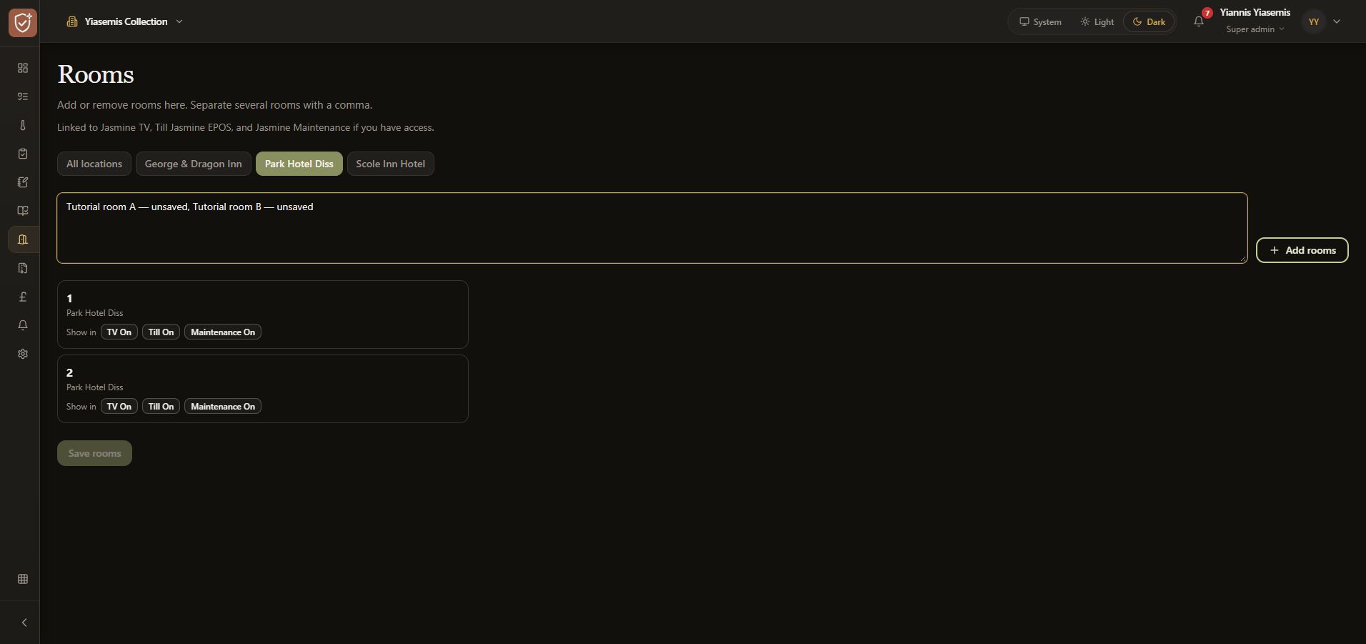 Two unsaved tutorial room names entered with a comma for the selected venue.