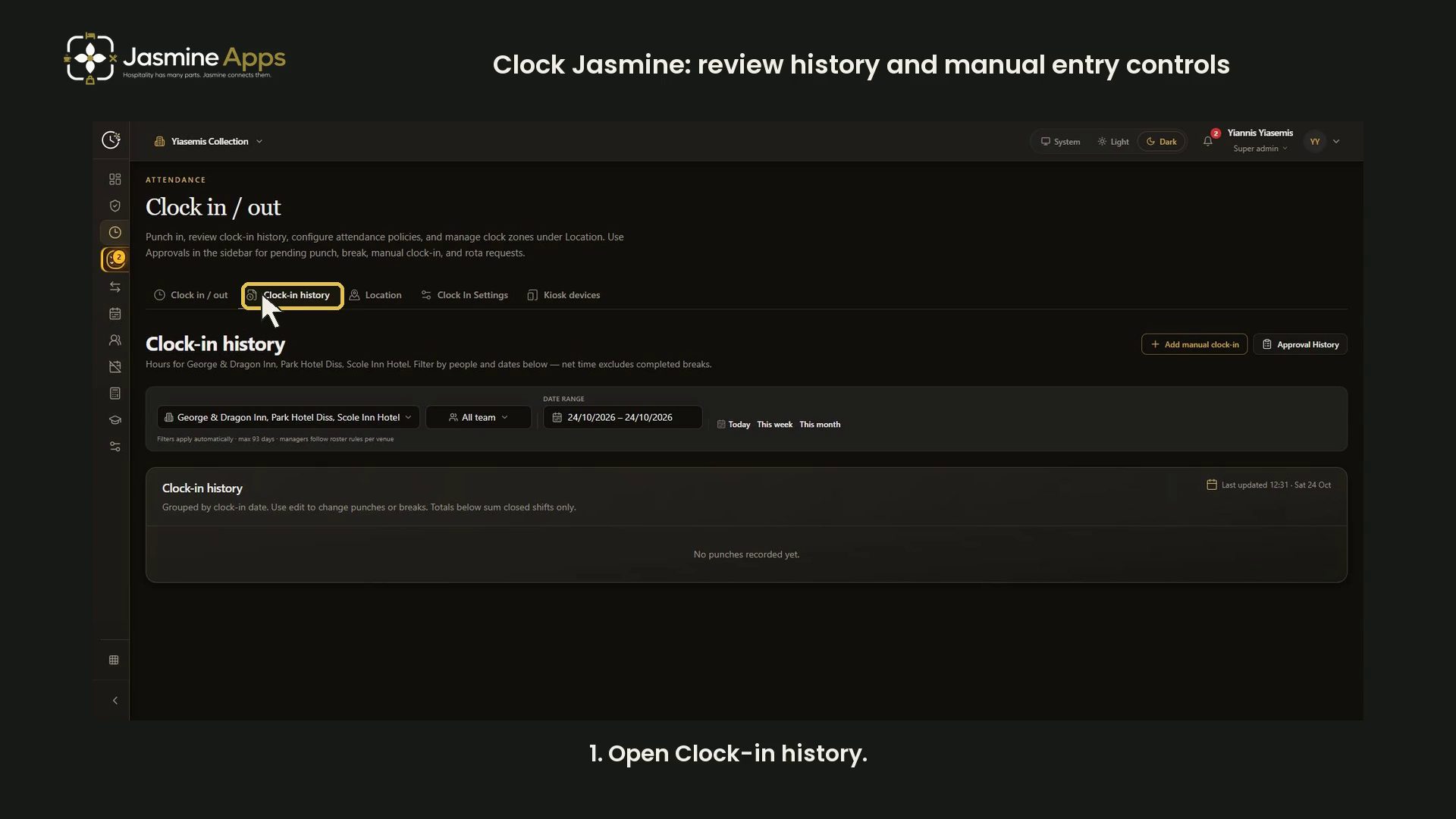 Clock Jasmine: review history and manual entry controls