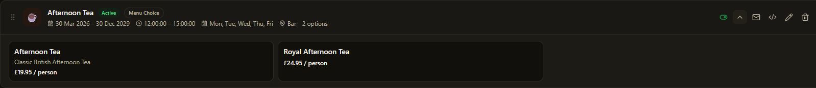 Dark-mode preview of the guest choices on an existing menu